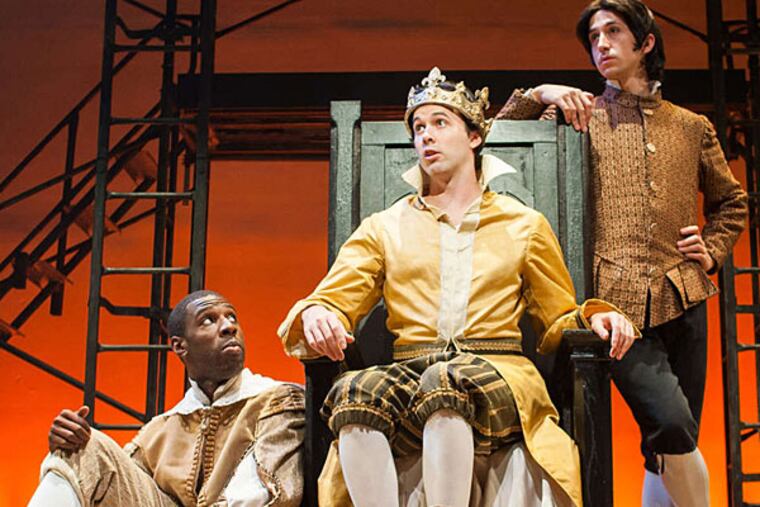 James-Patrick Davis is Richard II, with Ashton Cater (left) as Baggot and Alexander Harvey as Bushy in "Richard II," directed by Alexander Burns with an all-male cast.