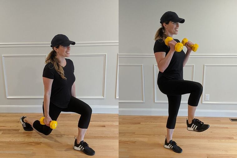 Ashley demonstrates the reverse lunge curl.