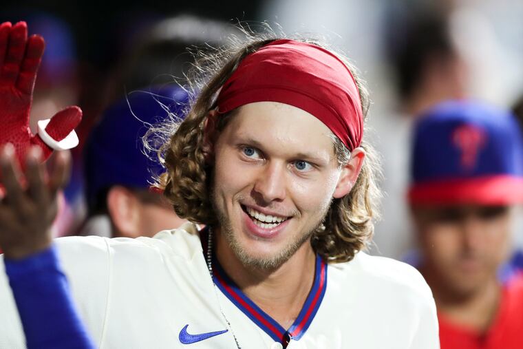 Phillies third baseman Alec Bohm is greeted after his two-run homer during the seventh inning Sunday.