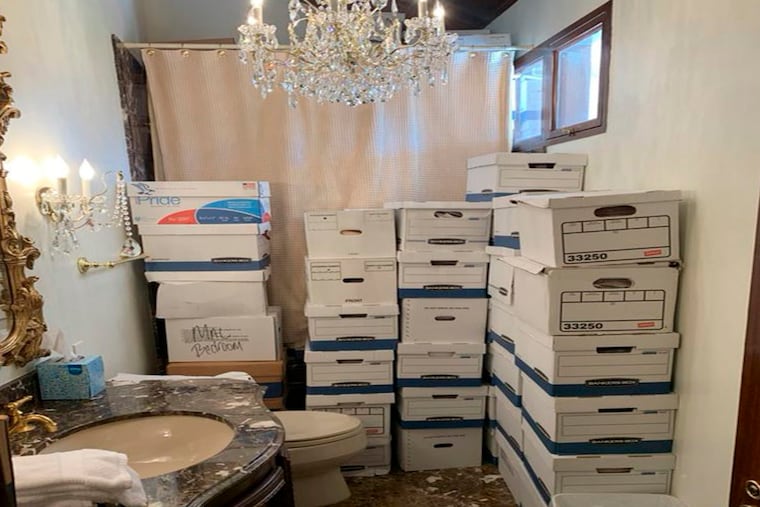 This image, contained in the indictment against former President Donald Trump, shows boxes of records stored in a bathroom and shower in the Lake Room at Trump's Mar-a-Lago estate in Palm Beach, Fla. Trump is facing 37 felony charges related to the mishandling of classified documents according to an indictment unsealed Friday.