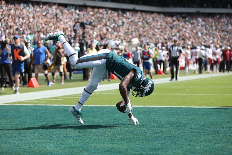 Eagles wide receiver DeSean Jackson (10) celebrates after scoring a touchdown against Washington at Lincoln Financial Field in South Philadelphia on Sunday, Sept. 8, 2019.