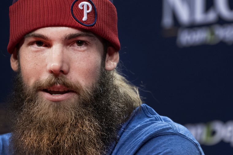 The Phillies’ Brandon Marsh speaks to the media ahead of Game 7 of the NLCS.