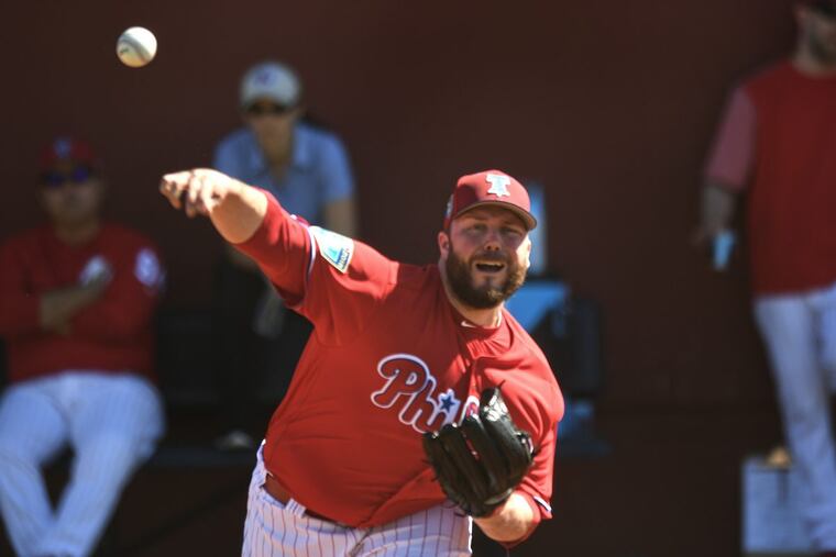 Phillies right hand pitcher, Tommy Hunter throws during spring training workouts at Spectrum Field, in Clearwater Florida. Sunday, Feb. 18, 2018.