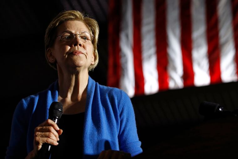 In this March 3, 2020 photo, Democratic presidential candidate Sen. Elizabeth Warren, D-Mass., speaks during a primary election night rally, at Eastern Market in Detroit.