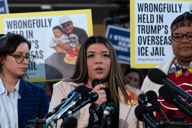 Jennifer Vasquez Sura, the wife of Kilmar Abrego Garcia of Maryland, who was mistakenly deported to El Salvador, speaks during a news conference at CASA's Multicultural Center in Hyattsville, Md., on April 4.