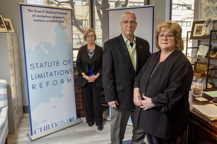 Mike and Debbie McIlmail, parents of Sean McIlmail, in the Philadelphia office of (left) Marci Hamilton on Tuesday.