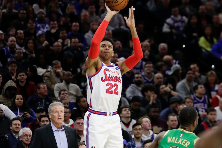 Sixers guard Matisse Thybulle taking a shot as coach Brett Brown during a January game against the Celtics at the Wells Fargo Center.