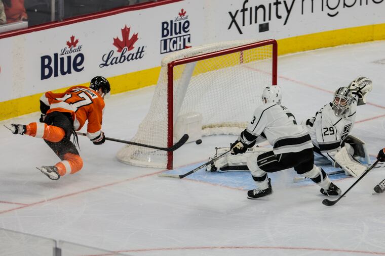 Flyers winger Wade Allison scores on Kings goalie Pheonix Copley during the first period on Tuesday night.