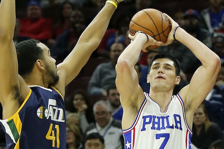 Sixers' Ersan Ilyasova shoots against Utah's Trey Lyles on Nov. 7, 2016 in Philadelphia.