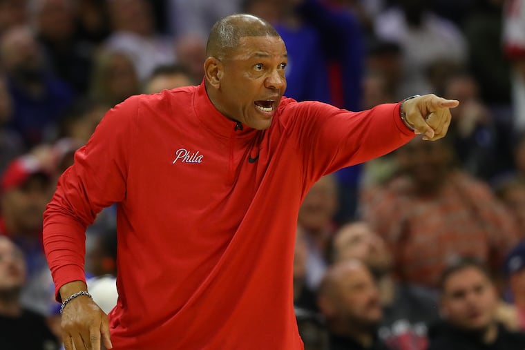 Sixers head coach Doc Rivers yells to his team against the Brooklyn Nets in Game 2 of the first round Eastern Conference playoffs on Monday, April 17, 2023 in Philadelphia.