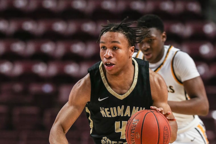 Neumann Goretti Masud Stewart drives against Quaker Valley during the 3rd quarter of the PIAA 4A District VII Championship at the The Giant Center in Hershey, Thursday, March 24, 2022. Neumann Goretti beats Quaker Valley 93-68 for the Championship.