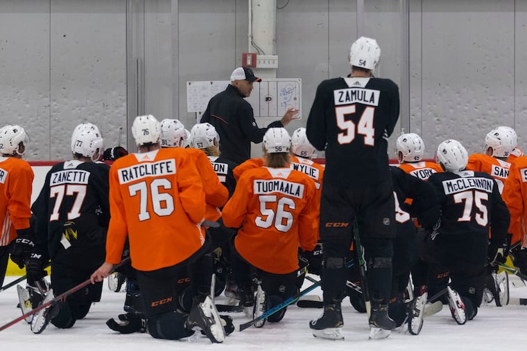 Lehigh Valley Phantoms coach Ian Laperrière talking to the Flyers during rookie camp in 2021.