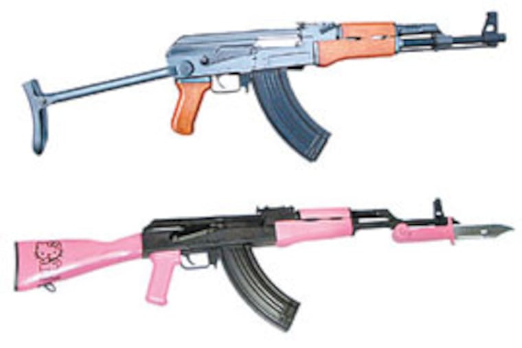 Believe it or not, the Kalishna-Kitty (above) is a real gun customized by a Wisconsin gun supplier. The other (top) is an airsoft gun. (Courtesy of UOARMORY.com (top) and JIMSGUNSUPPLY.COM (above))