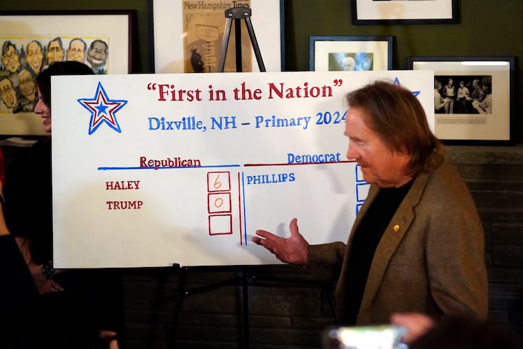 Town moderator Tom Tillotson stands at the tally board after voters cast their ballots at midnight in the presidential primary election on Tuesday, Jan. 23, 2024, in Dixville Notch, N.H. All six registered voters cast their ballots for Haley.