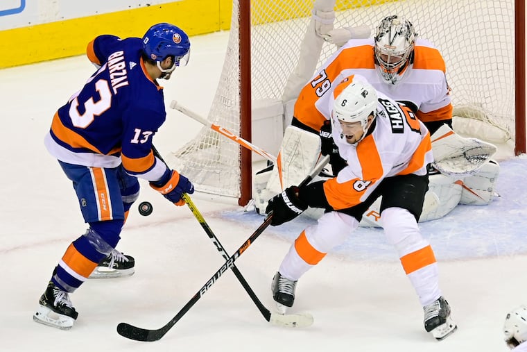 Mat Barzal's speed had the Flyers on their heels in Saturday night's Game 3 loss to the Islanders. New York now leads the series, 2-1. (Frank Gunn/The Canadian Press via AP)