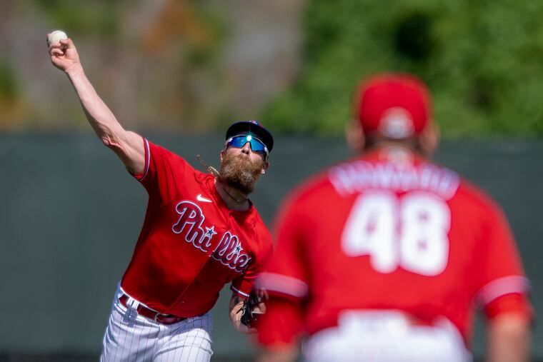 Phillies pitcher Archie Bradley at work during a spring training practice in Clearwater, Fla. on Monday.