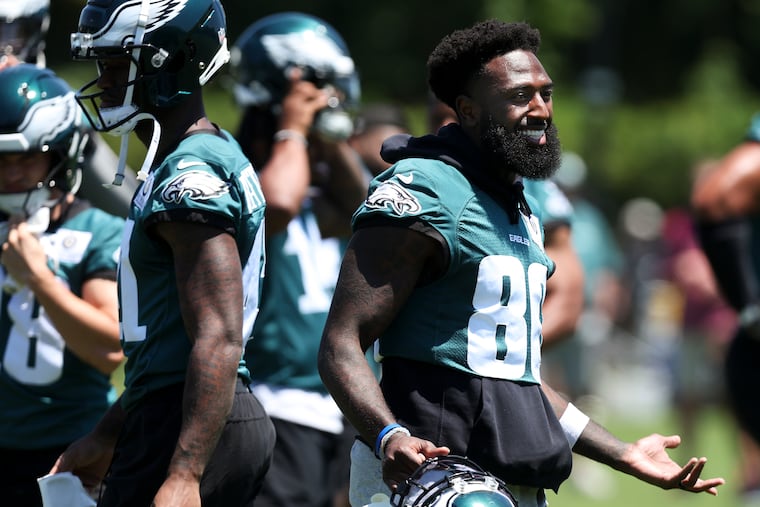 Eagles wide receiver Parris Campbell warms up during Philadelphia Eagles practice in at the NovaCare Complex in Philadelphia on Thursday, May 30, 2024.