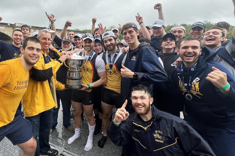 Drexel men's rowing celebrates its overall victory at the Dad Vail Regatta in 2022.