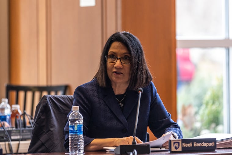Neeli Bendapudi, president of Penn State, speaks at a board of trustees meeting in 2023.