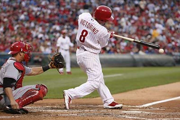 Shane Victorino had five hits in five at-bats, including a home run and two doubles, in the Phillies' record-setting 22-1 win over the Reds. (Ron Cortes / Staff Photographer)