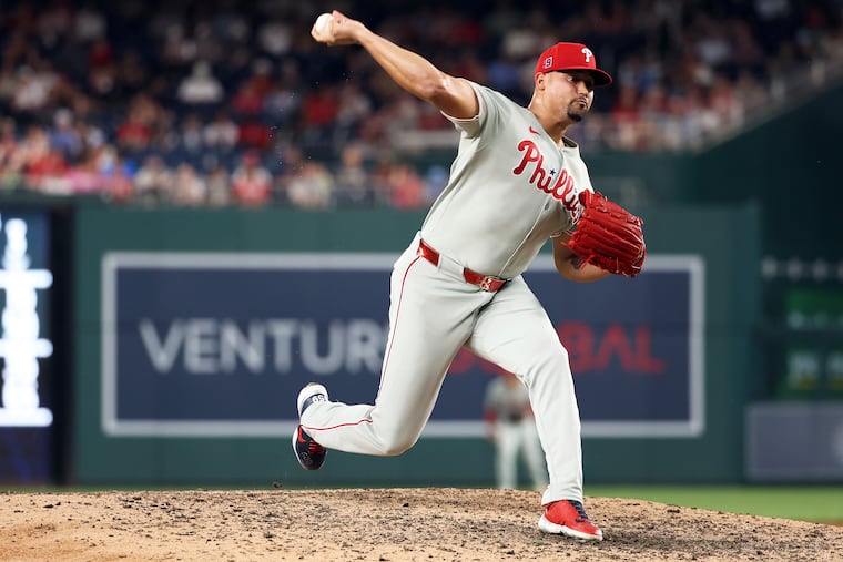 Phillies pitcher Jhoan Duran throws a pitch in the ninth inning against the Nationals on Friday. X-rays came back negative after he took a 94.1 mph line drive off his ankle.