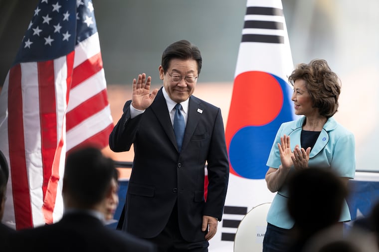 South Korean President Lee Jae Myung arrives at the Hanwha Shipyard in Philadelphia for a christening ceremony on Aug. 26. Later that day, he announced a $150 million investment. Nine days later, ICE agents arrested hundreds of Korean engineers and technicians helping Hyundai and LG build a battery factory in Georgia.