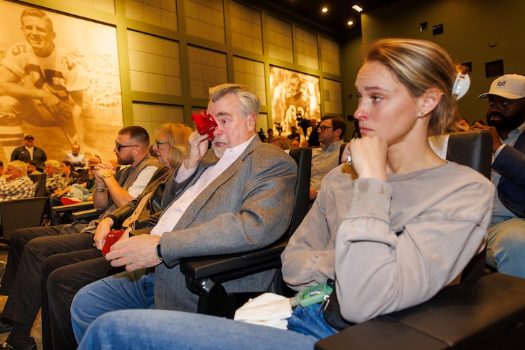 Kylie Kelce (right) sits with the rest of the Kelce family, Travis, Donna, and Ed, as her husband Jason announces his retirement on Monday.