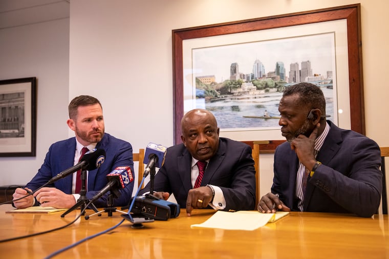 Allrich Jean, 63, of Howell, N.J., Retired Corrections Officer in New York, speaks to press on the death of his son Armani Faison, at McEldrew Young Purtell and Merritt Law Firm in Philadelphia, Pa., on Thursday, Feb. 3, 2022. Faison was was raped and murdered by his cellmate with only a few days of being in the city jail in March of 2021.