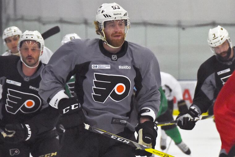 The Flyers' Jake Voracek at practice, Oct. 4, 2016.