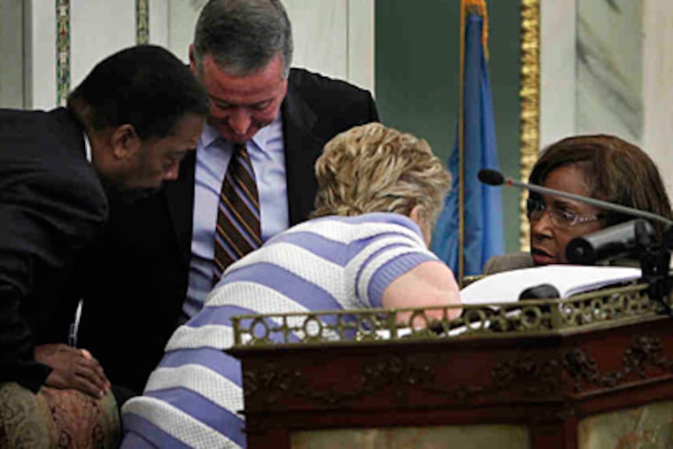 Council members consult during a hearing in June. Most members have 6 to 10 staffers. From left: Darrell Clarke, James Kenney, Anna Verna, Blondell Reynolds Brown. (Alejandro A. Alvarez/Staff)