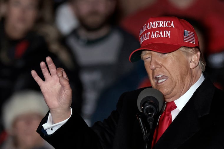 Former President Donald Trump addresses the crowd at a rally in Schnecksville, Pa., in April.