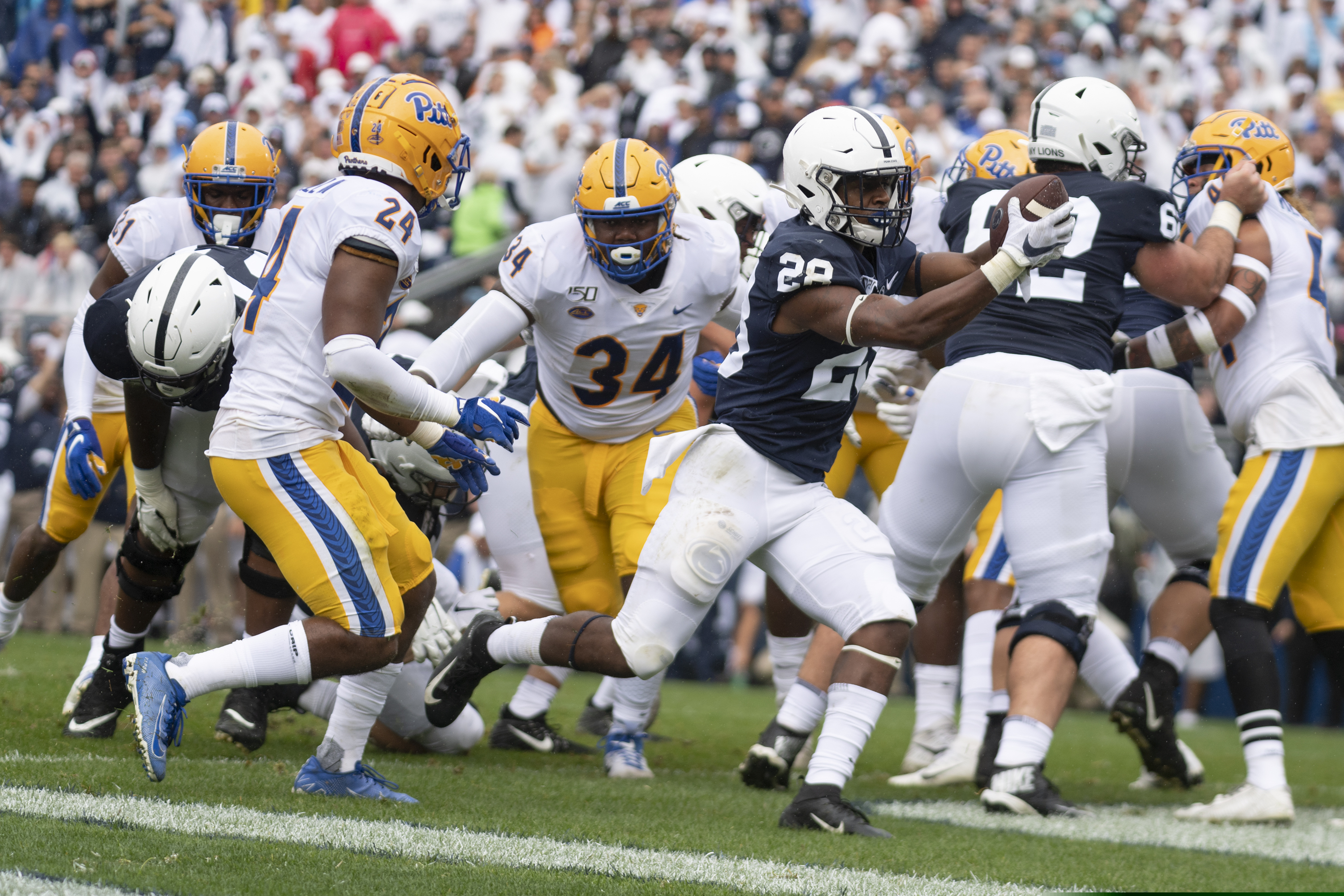Penn State running back Devyn Ford (28) scores a touchdown in the first quarter of an NCAA college football game against Pittsburgh in State College, Pa., Saturday, Sept. 14, 2019. (AP Photo/Barry Reeger)