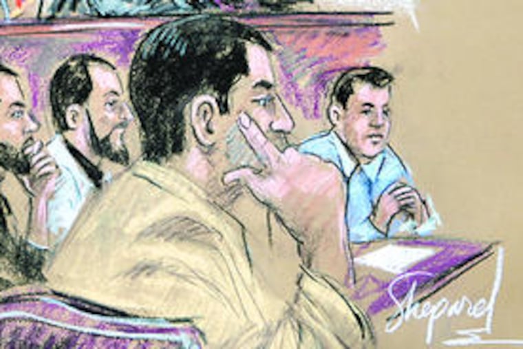 An artist's sketch of the five . They are (from left) brothers Shain Duka, 27, Eljvir Duka, 25, and Dritan Duka, 29; Serdar Tatar, 25; and Mohamad Shnewer, 24.
