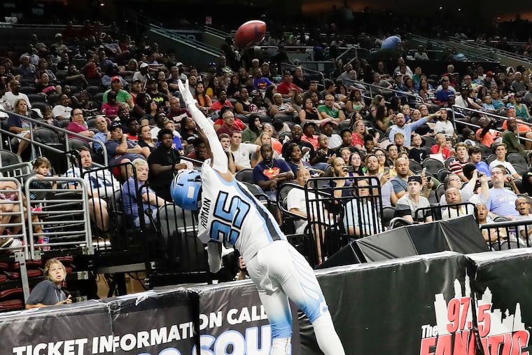 Soul defensive back James Romain attempts the intercept the football during the second-quarter against the Albany Empire in Arena Football League action on Saturday, June 29, 2019 in Philadelphia.
