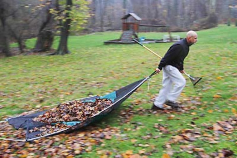 The Leaf Lugger is demonstrated by inventor Steve Costello. While dragging leaves on a tarp, the lawyer was annoyed by the bunched up corners. (Michael S. Wirtz / Staff Photographer)