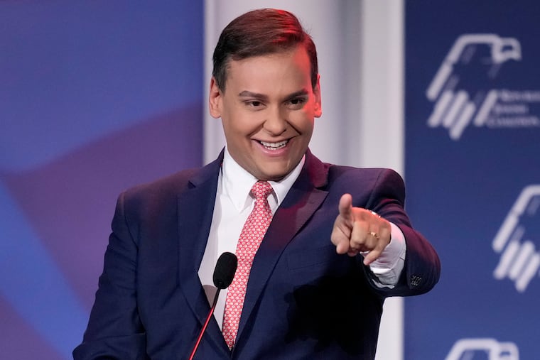 Rep.-elect George Santos, R-New York, speaks at an annual leadership meeting of the Republican Jewish Coalition Saturday in Las Vegas.