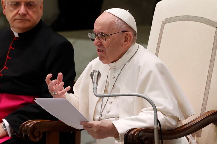 Pope Francis speaks during his weekly general audience in the Paul VI hall at the Vatican on Wednesday.