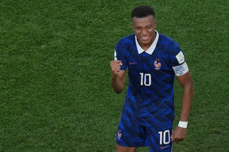 France's Kylian Mbappe (10) reacts after the World Cup round of 16 soccer match between Paraguay and France in Philadelphia, Saturday, July 4, 2026.
