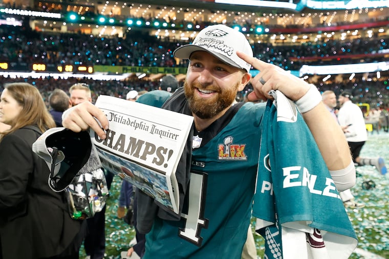 Eagles kicker Jake Elliott celebrates the victory in Super Bowl LIX, when he made all four of his extra-point attempts and was 4-for-4 on field goals.