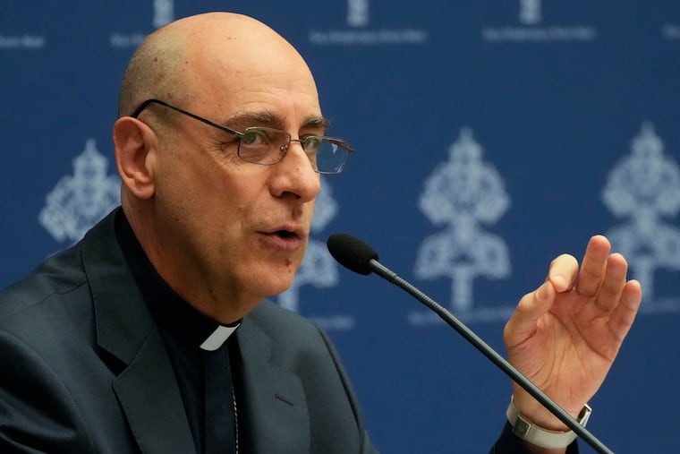 The prefect of the Vatican's Dicastery for the Doctrine of the Faith, Cardinal Victor Manuel Fernandez, presents the declaration 'Dignitas Infinita' (Infinite Dignity) during a press conference at the Vatican on Monday, April 8, 2024.