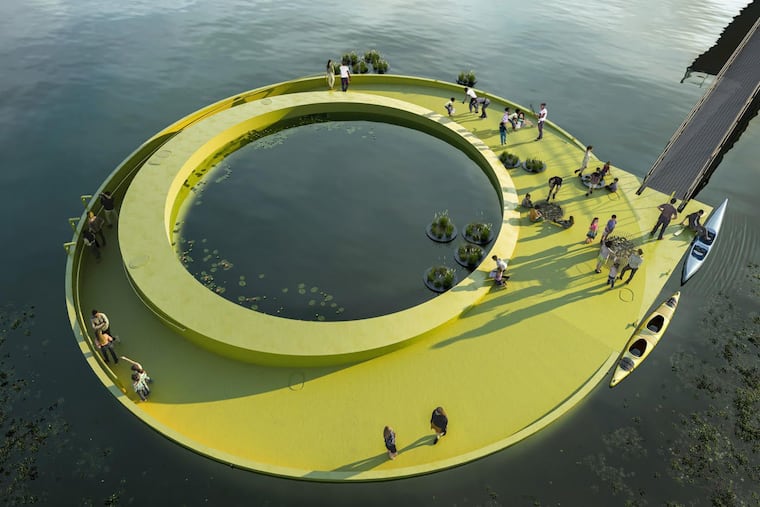 Rendering of a floating art installation to be installed at Bartram's Garden on the Schuylkill. The project is a collaboration between Bartram's and Mural Arts Philadelphia and is designed by artist J. Meejin Yoon and Howeler + Yoon Architecture. Construction is set to begin this fall of the 75-foot-wide structure, with opening expected in 2026.