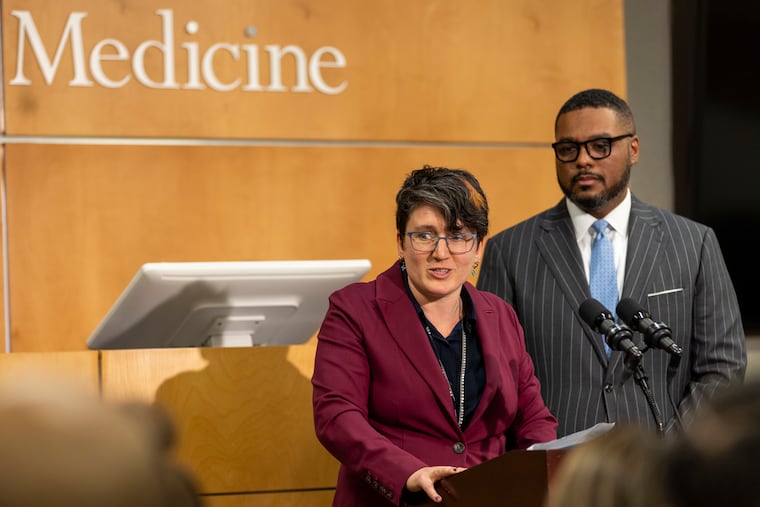 Trauma surgeon Elinore Kaufman speaks at a press conference on the $3 million in recently awarded grants for hospital-based violence intervention programs.