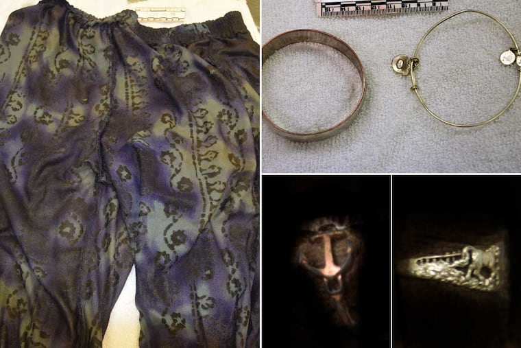The pants and jewelry belonging to a woman whose body was found dumped in an East Coventry Township pond over Memorial Day weekend.