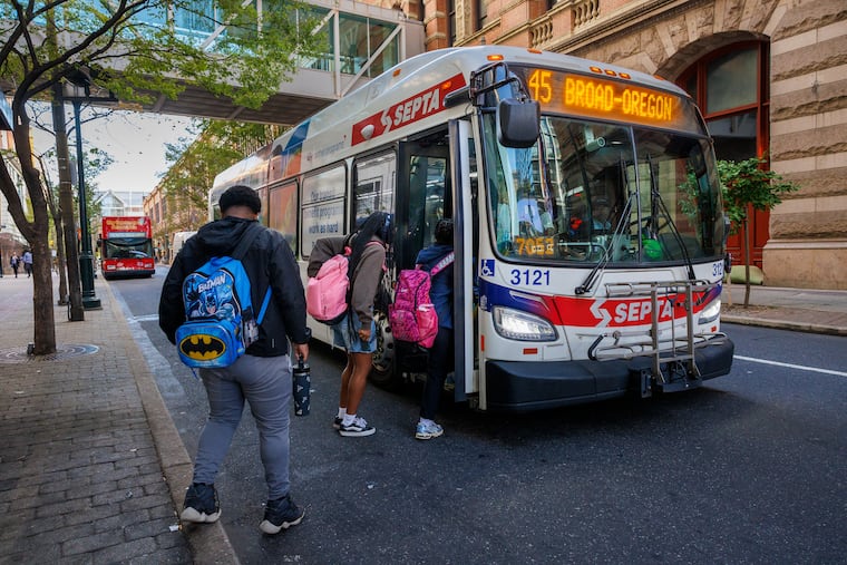 Students making their way south on the SEPTA route 45 bus from stop at North 12th and Market Streets as they commute to school in 2025.