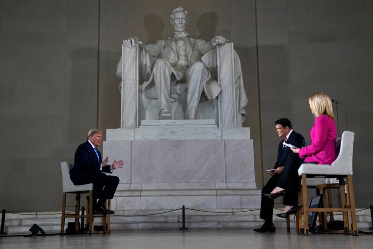 President Donald Trump speaks during a Fox News virtual town hall from the Lincoln Memorial, Sunday, May 3, 2020, in Washington, co-moderated by FOX News anchors Bret Baier and Martha MacCallum.