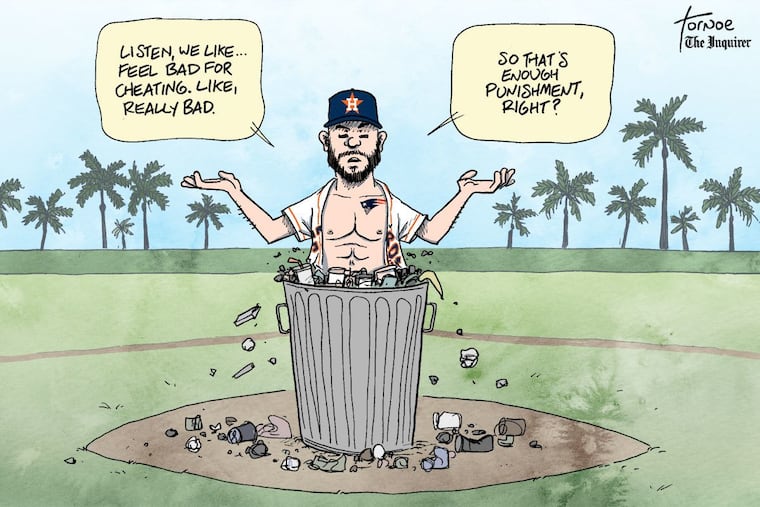 Rob Tornoe's cartoon about the Astros cheating scandal for Tuesday, Feb. 18