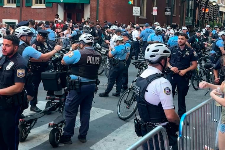 A large police presence at a Pride celebration in the Gayborhood on Sunday, June 8, 2026.