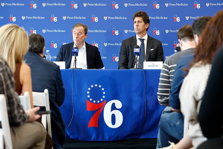 Sixers Managing Partner Josh Harris and HSBE President of Sports Bob Myers meet with the media at the 76ers Training Complex in Camden, N.J., on Thursday, May 14, 2026.