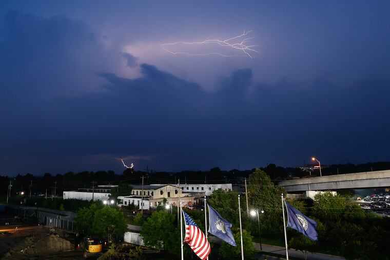 Lightning flashes over Chester during the Philadelphia Union game at Subaru Park on Friday. More strong storms are possible Saturday.