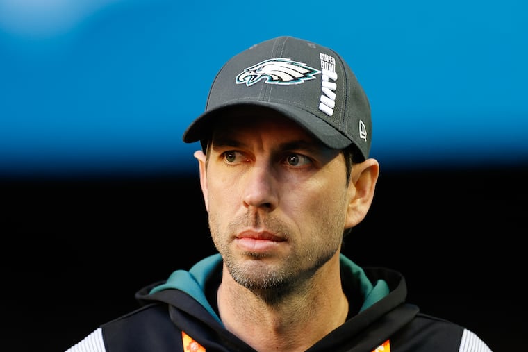 Former Eagles offensive coordinator Shane Steichen looks on from the sidelines before the Eagles played the Kansas City Chiefs in Super Bowl LVII last season.